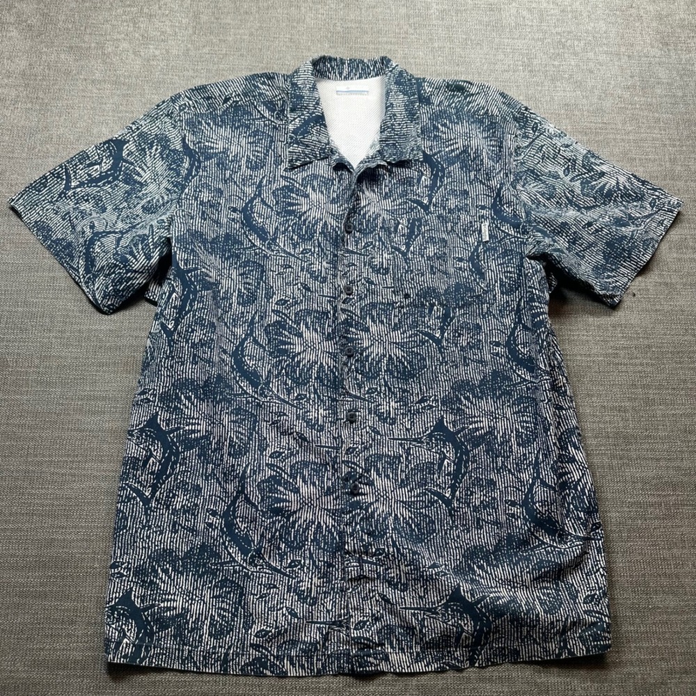 Columbia PFG Fishing Shirt Mens Large Blue‎ Marlin Print Short Sleeve